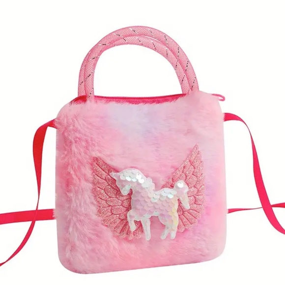 Small Unicorn Crossbody (Red Ribbon) - 2 Handles Bag Cartoon Plush - 5" x 5" - Picture 1 of 5